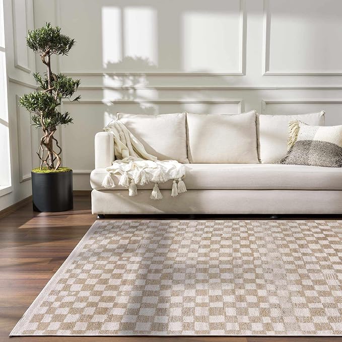 Hauteloom Pertek Modern Checkered Area Rug - Modern Geometric Carpet for Living Room, Kids Room, Nursery - Bohemian Boho Carpet - Cream, Beige, Gold - 6'7" x 9'