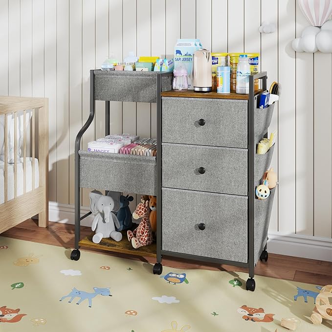 Baby Diaper Caddy, 3 Tier Baby Organizer and Storage Cart with Dividers and Drawers, Mobile Utility Rolling Cart, Baby Newborn Essentials Storage Cart with Wheels for Nursery, Bedroom, Grey