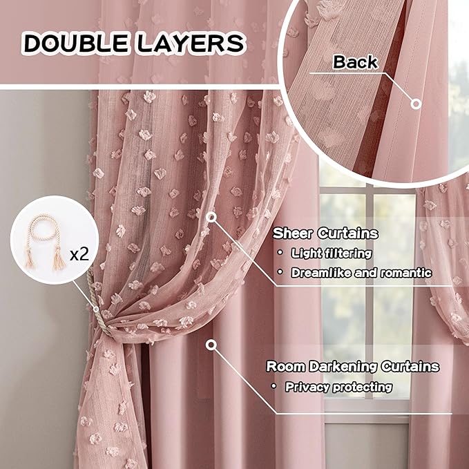 MYSKY HOME Pink Curtains for Bedroom 90 Inches Long Living Room Curtain with Pink Pom Pom Sheer for Dining Room Grommet Double Layer Nursery Curtain Drapes Room Darkening Window Panels 52 Wide