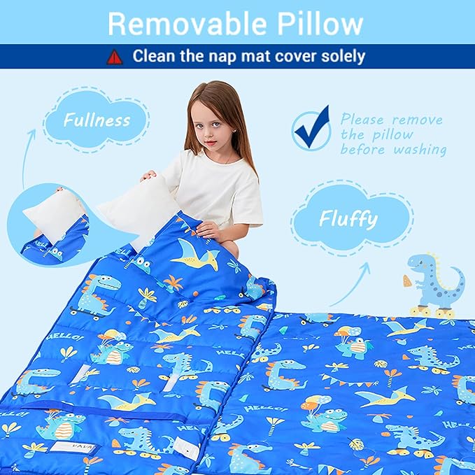 Toddler Nap Mat with Pillow and Blanket, Extra Large Rolled Napping Mats,Slumber Bags for Boys Girls,Kids Sleeping Bag for Daycare, Preschool Travel Camping