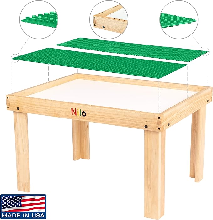 NILO Kids Play Table Set with 2 Compatible Lego Duplo Detachable Two-Sided Baseplates/Boards/Mats (N34 Activity Table w/Holes, 24x32x20 and 2X Green Base Plates 12x32)