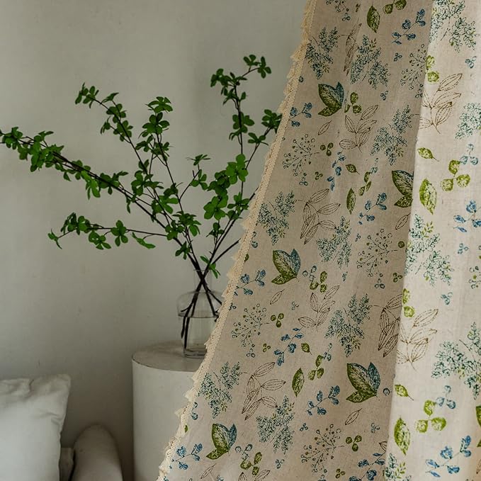 ENJOYBRIDAL Leaf Curtains 63 Inch Length 2 Panels Tassel Boho Semi Sheer Drapes Bedroom Living Room Farmhouse Floral Short Rustic Country Rod Pocket Cotton Linen Blend Window Curtain Panel