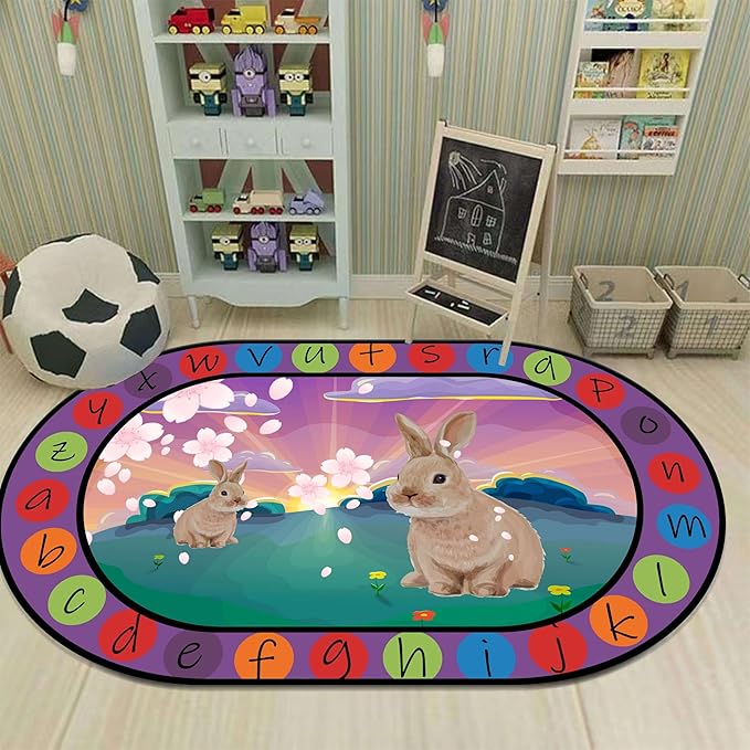 Rabbit Print Area Rug, 4x5ft, Bunny Sakura Flower Easter Floor Mat, Educational and Fun Rugs with ABC Alphabet, Non-Slip Washable Kids Play Mat for Boys and Girls Home Decor