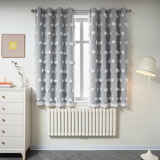 MYSKY HOME Grey Curtains for Bedroom 63 Inch Long Curtains for Kids Room Double Layer Nursery Curtains White Pom Pom Sheer Dining Room Grommet Room Darkening Window Curtains 2 Panels Set, 52 x 63 in