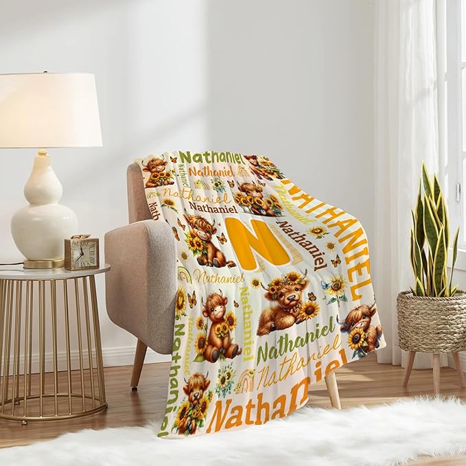 Personalized Custom Sunflower Highland Cow Preschool Blanket Gifts for Baby Toddler Kids Boys Girls Children - Customized Sunflower Highland Cow Super Soft Flannel Sheets 40"x50" Decor for Nap Couch