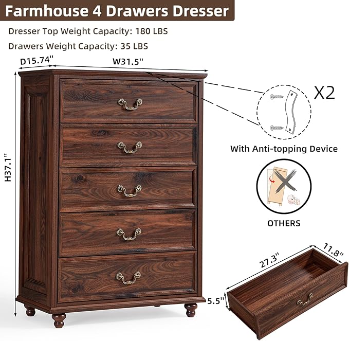 Bedroom Dresser Sets, 54" Wide 7 Drawers Dresser and 45" Tall 5 Drawers Dresser, Wooden 2 Piece Bedroom Furniture Set, Chest of Drawer for Bedroom, Home, Living Room, Hallway, Brown