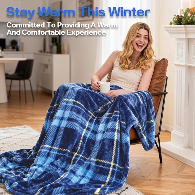 Electric Blanket Heated King, Soft Flannel 100"x90" Plaid Heating Blanket with 8 Hours Auto Off 10 Fast Heating Levels Machine Washable Sherpa Heated Blanket with Overheating Protection