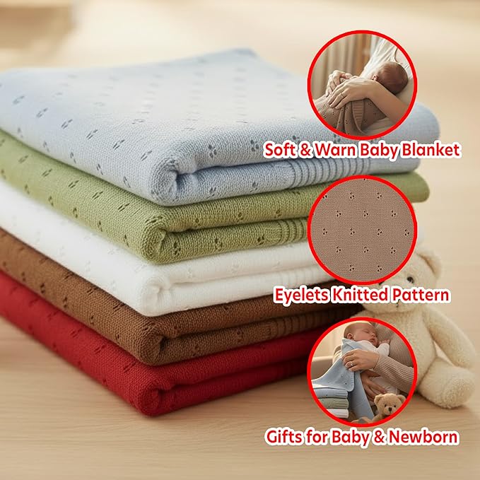 Baby Knit Blanket, 100% Cotton Eyelet Patterns, Soft, Cozy, Lightweight Swaddle for Newborn & Infant Swaddling Beige Neutral, Perfect Baby Shower Ideas Mocha 30x30