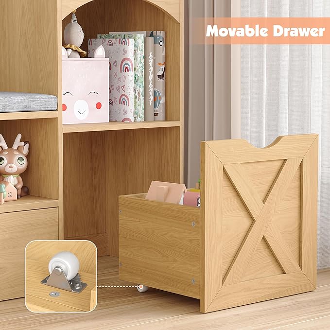 Vabches 54.3’’ Kids Bookshelf with Reading Nook, Toy Storage Organizer with Seat Cushion, LED Lights and 3 Movable Drawers, Castle-Shaped Bookcase with Bench for Playroom, Nursery, Bedroom (Natural)