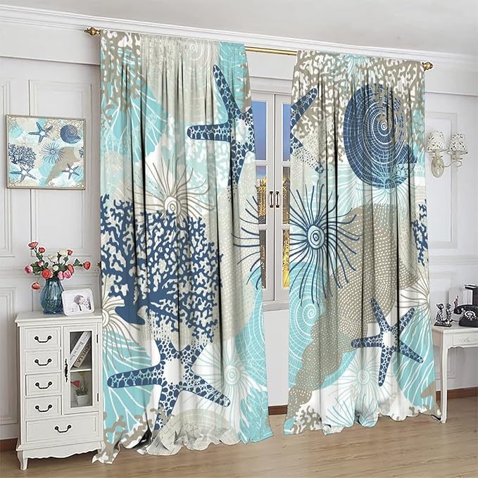 Coastal Curtains Ocean Beach Themed Room Darkening Window Curtain Nautical Coral Blackout Curtain for Bedroom Living Room Bathroom Nursery Set 2 Panels,42x45 Inches
