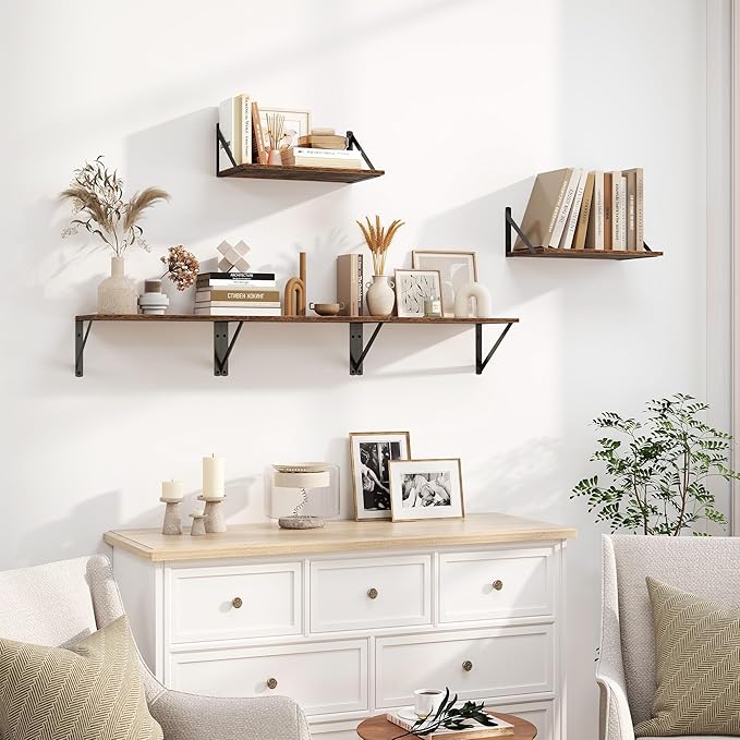 Heimlove Deep Floating Shelves for Wall, 16W x 8D Wood Wall Shelves Set of 2, Wide Floating Bookshelf for Living Room, Kitchen, Office, Bedroom and Decor Storage, with Metal Bracket - Rustic Brown