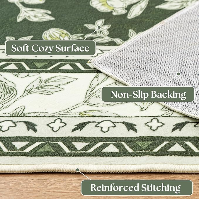 Olive Green Floral Print Area Rugs for Bedroom Living Room Boho Farmhouse Country Rustic Dining Room Carpet Soft Washable Rugs Non Slip Floor Covering for Nursery Playroom 4x6
