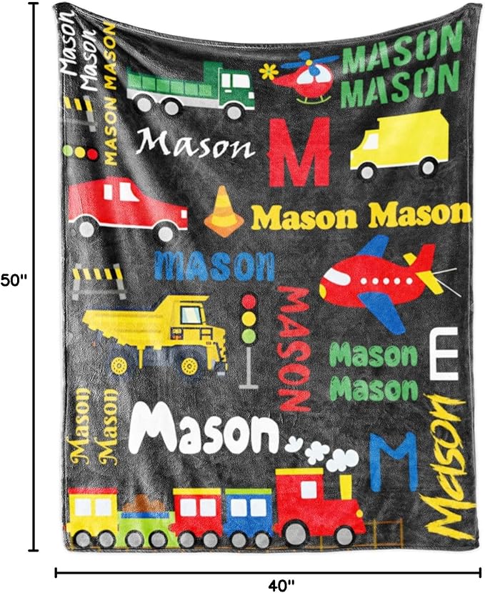 Custom Blanket with Name for Boys, Personalized Name Blanket City Transport, Soft Flannel Blankets Customized Gift for Children Day Birthday Christmas-40 x50