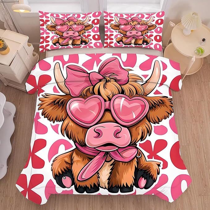 kxry Cute Cattle Comforter Set Queen Size Cartoon Calf Animal Bedding Sets for Girls Teens Kids Funny Animal Soft Microfiber Lightweight Comforter Set with 1 Comforter + 2 Pillow Cases