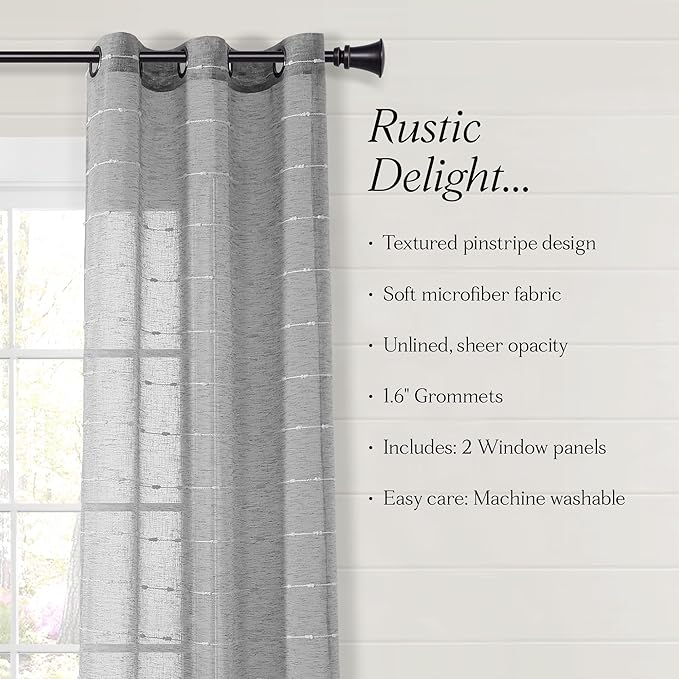 Lush Decor Farmhouse Textured Grommet Sheer Window Curtain Panel Pair, 38"W x 120"L, Dark Gray