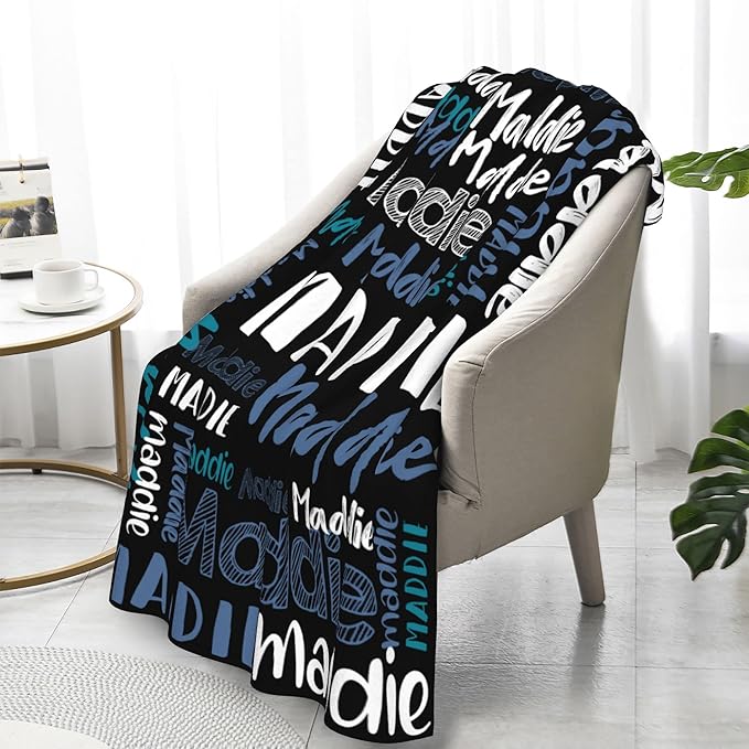 Dr.TOUGH Personalized Blankets with Name Customized Baby Blankets for Girls Boys Adults Personalized Name Blanket for Kids Adults (Black-Blue,50''×60'')
