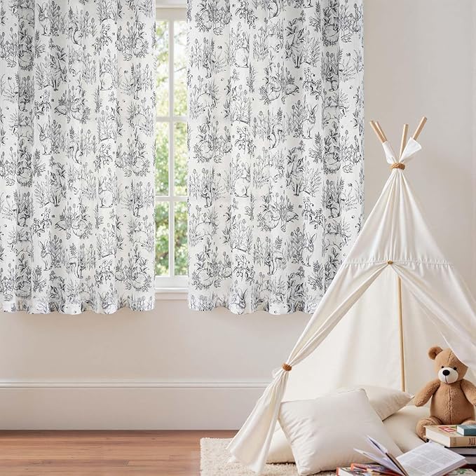 jinchan Linen Nursery Curtains 63 inch Long Woodland Wildlife Black Print Drapes for Kid's Room Light Filtering French Country Farmhouse Curtains with Bunny and Forest Design Set of 2 Panels