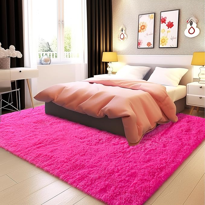 Fluffy Rug Non Slip 5x7 Feet, Hot Pink Living Room Rug Modern, Super Soft Shag Plush Large Carpets for Bedroom