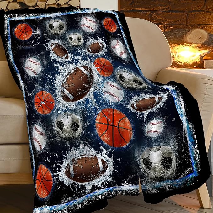 Sports Balls Blanket for Girls Boys Fans Basketball Baseball Football Soccer Throw Blankets Soft Cozy Warm Fuzzy Fleece Bedding Flannel Throws Stuff Gifts Kids Men Women Bedroom Decor 80"x60"