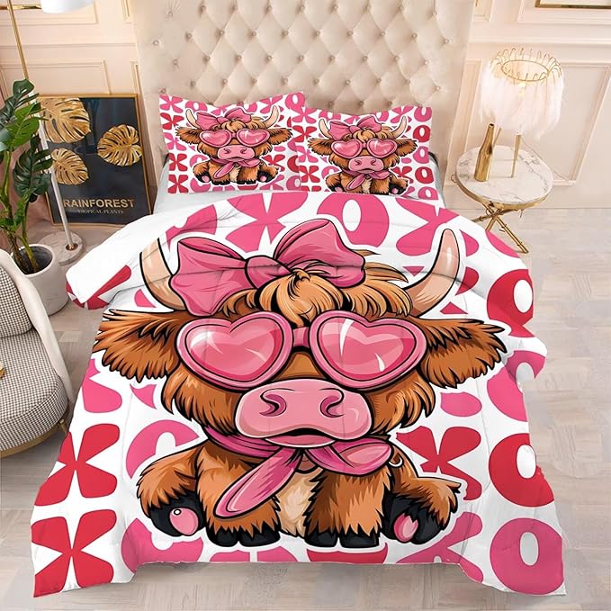 kxry Cute Cattle Comforter Set Full Size Cartoon Calf Animal Bedding Sets for Girls Teens Kids Funny Animal Soft Microfiber Lightweight Comforter Set with 1 Comforter + 2 Pillow Cases
