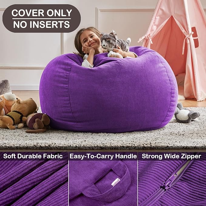 Nobildonna 3 ft Bean Bag Chair Cover (No Filler) 35"×43" Large Stuffed Animal Storage Bean Bag Washable Big Beanbag Chair Cover Premium Corduroy Bean Bag Cover for Adults,Kids,Purple 300L