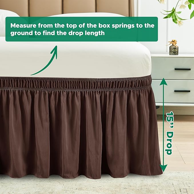 Biscaynebay Wrap Around Bed Skirts for Full & Full XL Beds 15" Drop, Brown Adjustable Elastic Dust Ruffles Easy Fit Wrinkle & Fade Resistant Silky Luxurious Fabric Machine Washable