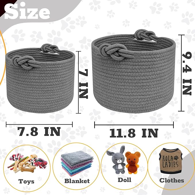 Personalized Dog Toy Basket Custom Dog Toy Box Rope Woven Basket with Pet's Name Dog Storage Organizer with Handles Cute Toy Bin for Cat Grey