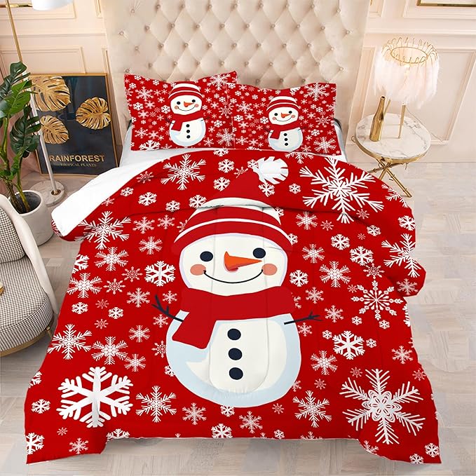 Christmas Comforter Set King: Christmas Snowman Red Bedding Sets King Size for Teen Girls Women Bedroom Xmas Snowflakes Quilt Winter Snow 3 Piece Bed Set 1 Comforter & 2 Pillowcases
