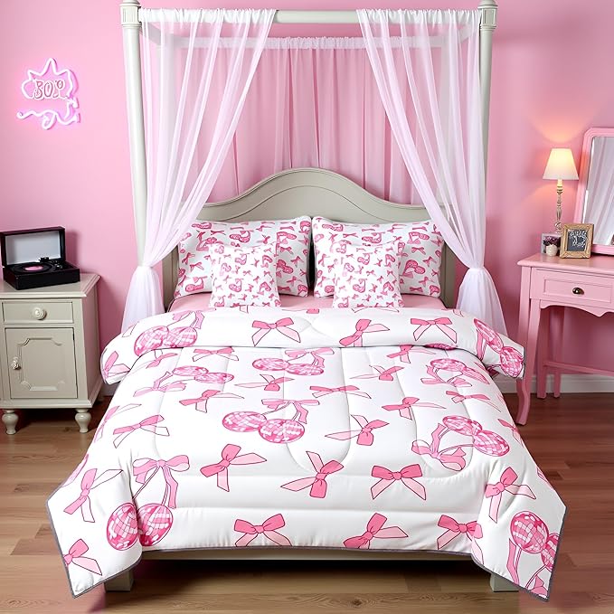 7 Pieces Cartoon Bowknot Kids Comforter Set King,Western Cowgirl Disco Ball Retro Bedding Set,Bow Tie Cute Princess Pink Romantic（Comforter+Fitted+Flat Sheet+2 Pillowcases+2 Throw Pillow Covers）