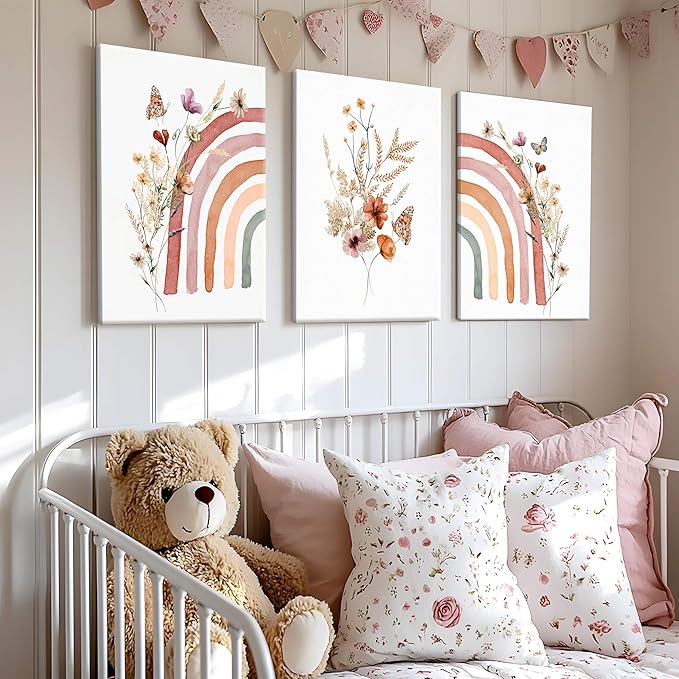 AKWISH Boho Rainbow Wall Art for Girls Room - Set of 3 Framed Wildflower Canvas Prints for Nursery, Baby Girl Room, Kids or Dorm Decor - Soft Pastel Botanical Bohemian Wall Decor 12x16in