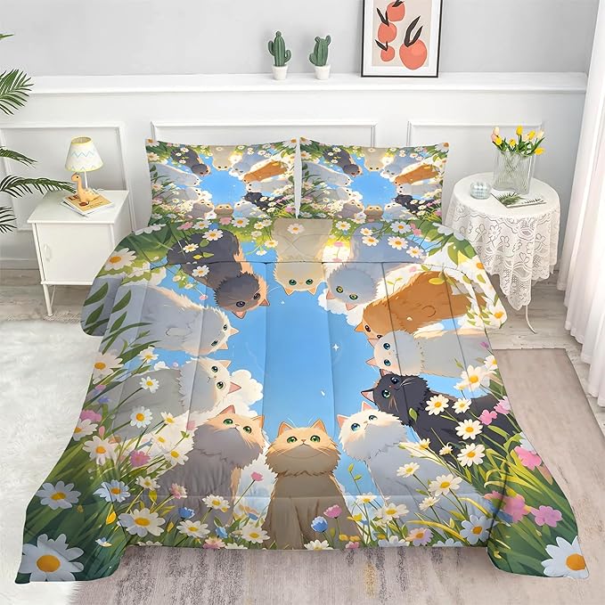 Floral Cat Comforter Set: Full Size Kawaii Cats Bedding Set Blue Sky Daisy Kitten Quilt for Teen Girls Women Kids Cartoon Flowers Feline Cute Bed Sets 3 Piece