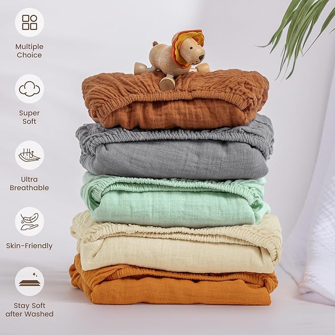 david's kids Muslin Crib Sheets for Boys Girls, 2 Pack 100% Cotton Soft Breathable Fitted Baby Sheet Set, 28x52 Inch Fits Standard Crib and Toddler Mattresses, Beige & Brown