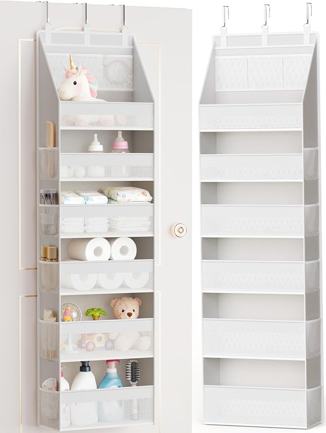 Criusia Over The Door Organizer, Heavy-Duty 6-Shelf Hanging Storage with 13 Mesh Pockets, 55lbs Capacity Behind The Door Storage for Nursery, Bathroom, Bedroom, and Dorm, White