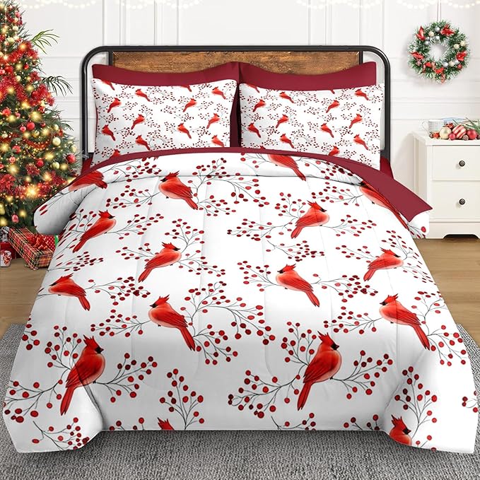 7 Pcs Full Size Christmas Comforter Set with 2 Pillowcases & 2 Shams, Winter Cardinal Bird Bedding for Kids and Adults, Berries Branches Bed in a Bag with Flat Fitted Sheet