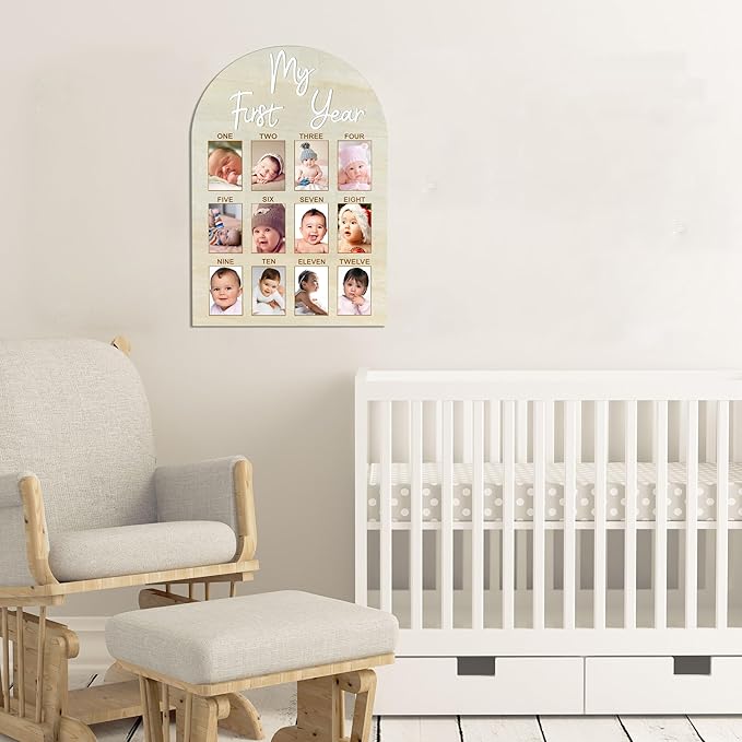 My First Year Arch Photo Frame, Natural Wooden Monthly Milestone Photo Frame for Baby Birthday Party Decorations, 17 x 11.9 inches