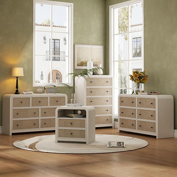 Oak&Sparrow 2 Drawer Tall Dresser for Bedroom, 23.6'' Rattan Dresser with Ample Storage, Boho Chest of Drawers, Thickened Curved Profile Design, Oak Dressers for Bedroom, Living Room