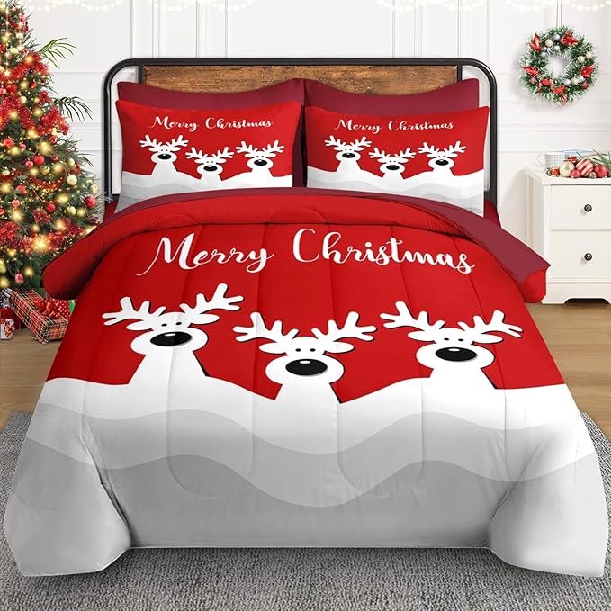 7 Pcs King Size Christmas Comforter Set with 2 Pillowcases & 2 Shams, Cute Cartoon Reindeer Bedding for Kids and Adults, Winter Merry Xmas Bed in a Bag with Flat Fitted Sheet