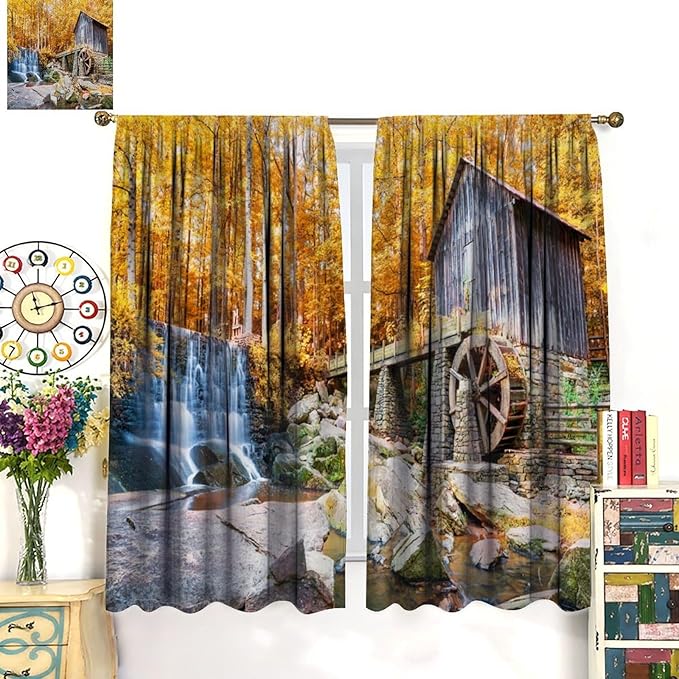 Autumn Waterfall Blackout Curtains, Landscape Fall Waterfall Outdoor Nature Art Window Drapes, for Bedroom Living Room 55" W X 63" L