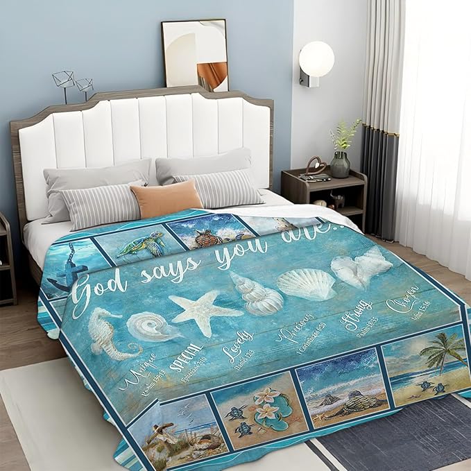 Tijuboni Ocean Nautical Throw Blanket Beach Seashells Gifts for Girls Boys Women Men Kids Adults Soft Flannel Fleece Blanket for Couch Sofa Bed Home Decor 40"x50"