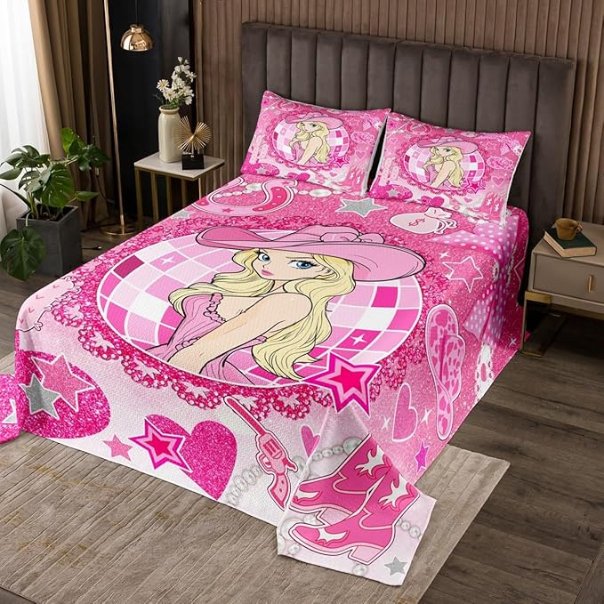 Western Cowgirl Princess Bedspread Twin Size,Cactus Cowgirl Boot Cap Bowknot Coverlet Set,Girls Women Room Decor,Star Love Heart Glitter Romantic Quilted Coverlet,Pink Bedding Quilt,1 Pillowcase