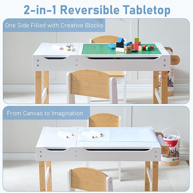 Kids Activity Table with Storage, 3 in 1 Kids Table Compatible with Lego Building Block for Boys Girls, Wooden Desk Reversible Tabletop for Toddler Arts,Drawing, Reading