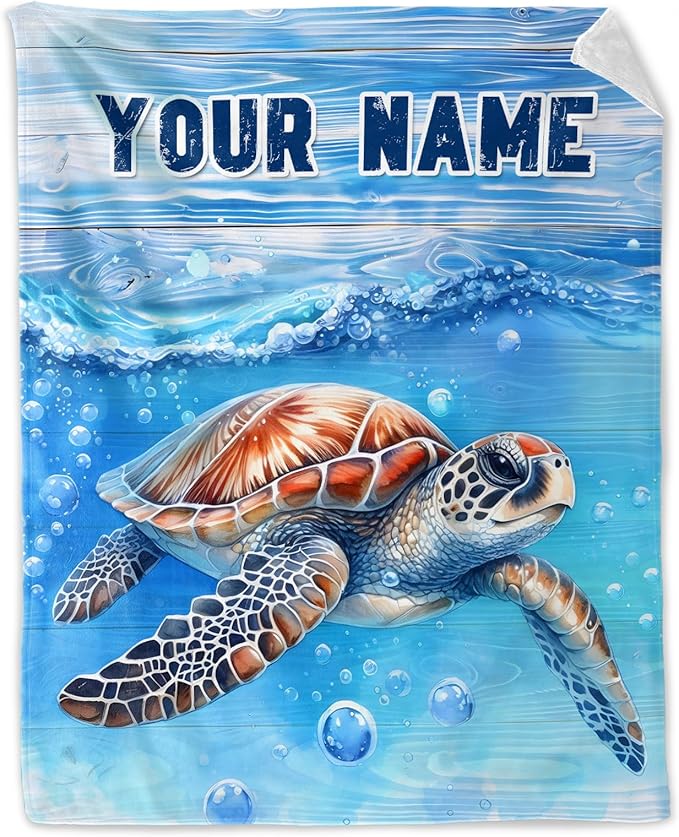 Personalized Turtle Stuff for Kids - 30" x 40" Inches Cute Throw Blanket for Girls Boys - Blue Lightweight Furry Blankets for Sofa, Lap & Office