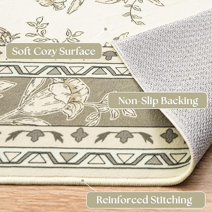 Greyish Beige Floral Rug 5x7 Machine Washable Area Rug for Living Room Vintage Boho Farmhouse Low Pile Distressed Carpet for Dining Room, Bedroom Indoor Non-Slip Tan Taupe Flower Design Home Decor