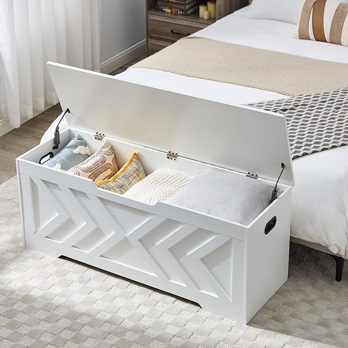 47.2” Storage Bench,Extra Large Wooden Storage Chest with 2 Safety Hinges,entryway Bench,Blanket Storage,Shoe Storage Bench for Entryway,Bedroom,Living Room,Easy Assembly-White