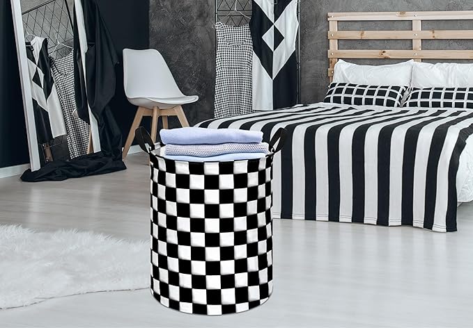 KUNRO Round Black-white Checker Laundry Basket Hamper Kids Toys and Clothes Storage Basket Children Gift Basket Baby Toy Organizer Bins for Room Decor