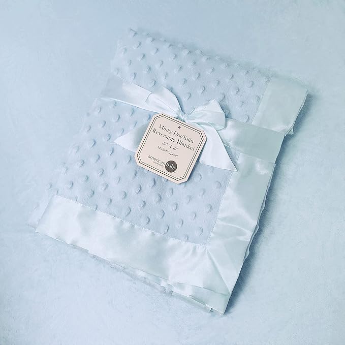 American Baby Company Heavenly Soft Chenille Receiving Blanket, 2-Layer Design with Minky Dot & Silky Satin, Blue, 30" x 40" for Boys and Girls