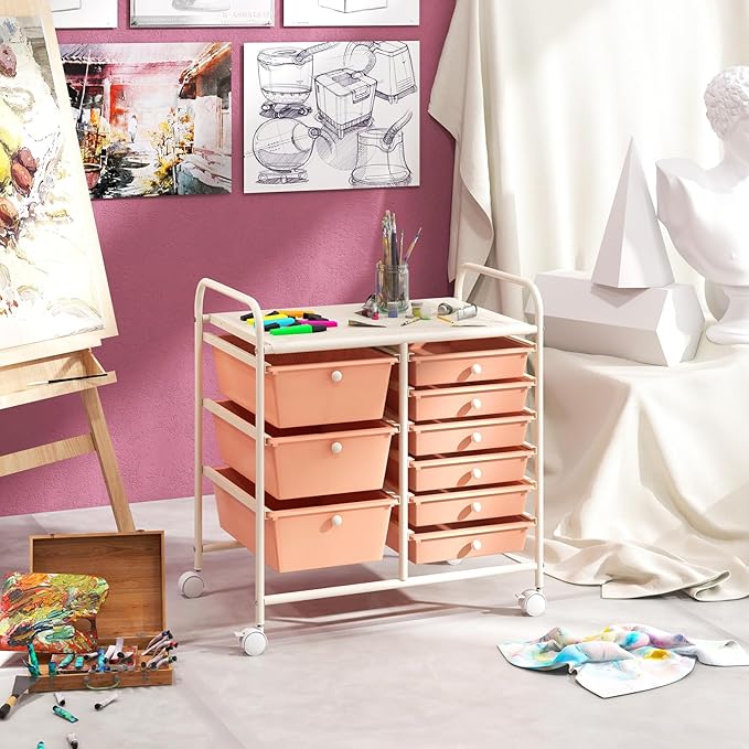RELAX4LIFE 9 Drawer Rolling Storage Cart - Mobile Drawer Carts for Craft Art Supply Paper Salon, Utility Cart on Wheels for Classroom Teacher School Office, Rolling Cart with Drawers (Pink)