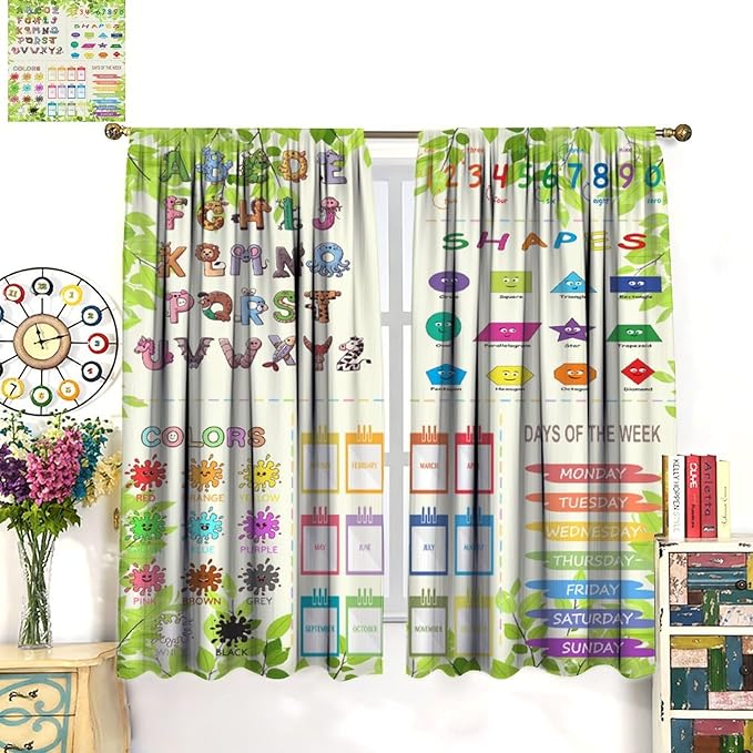 Kids Alphabet Curtain Cartoon Animal Nursery Rustic Leaves Plant Funny School Education Learning Tools Printed Rod Pocket Blackout Window Drapes for Bedroom Living Room 63" W X 72" L