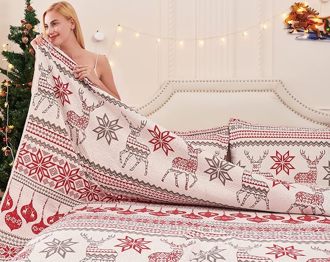 Jessy Home Christmas Quilt Set King Size Bedding Xmas Bedspread Coverlet Holiday Deer Snowflake Decor Soft Lightweight Bedding,Red White