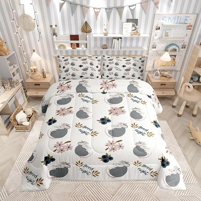 Castle Fairy Watercolor Flower Plant Boys Girls Comforter Set Full Size,Cute Opossum Duvet Set Teens Bedroom Decor,Cartoon Animals Microfiber Soft Bedding